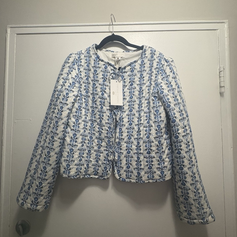 Quilted Floral Tie-Front Blazer Jacket - Blue/White